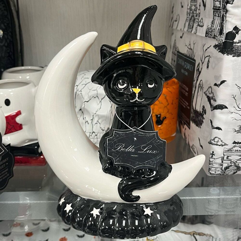 Bella Lux Halloween Black Cat Witch Crescent Moon Ceramic Figurine Decor